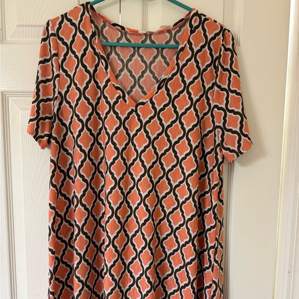 Geometric Patterned Orange and Black Women's Dress